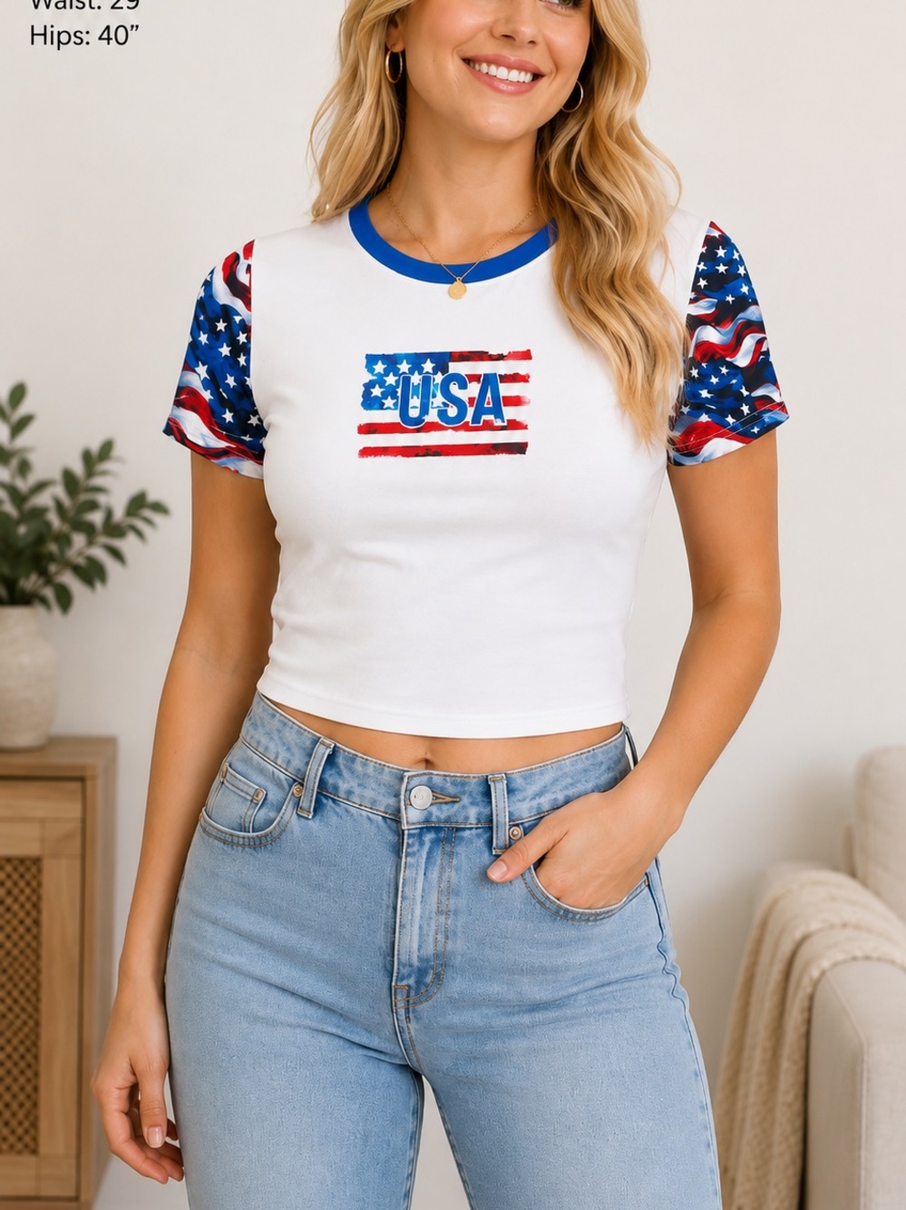 Source Unknown White Crop Tee with Red & Blue Flag-Print Sleeves